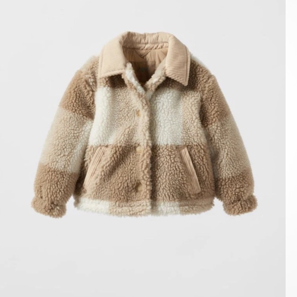 Zara Kids Cozy Shearling Jacket in Cream and Tan Plaid